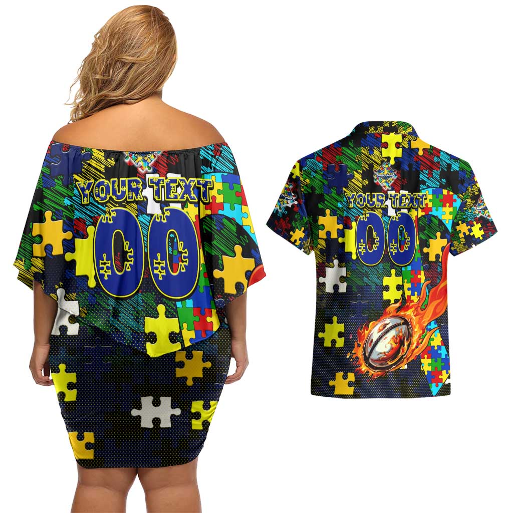 Cowboys Autism Awareness Couples Matching Off Shoulder Short Dress and Hawaiian Shirt Puzzle Flames Rugby Ball