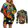 Cowboys Autism Awareness Couples Matching Off Shoulder Short Dress and Long Sleeve Button Shirt Puzzle Flames Rugby Ball