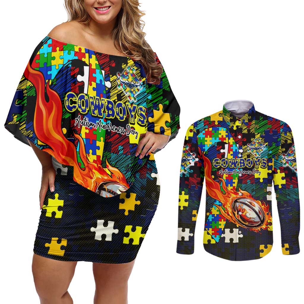 Cowboys Autism Awareness Couples Matching Off Shoulder Short Dress and Long Sleeve Button Shirt Puzzle Flames Rugby Ball
