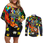 Cowboys Autism Awareness Couples Matching Off Shoulder Short Dress and Long Sleeve Button Shirt Puzzle Flames Rugby Ball