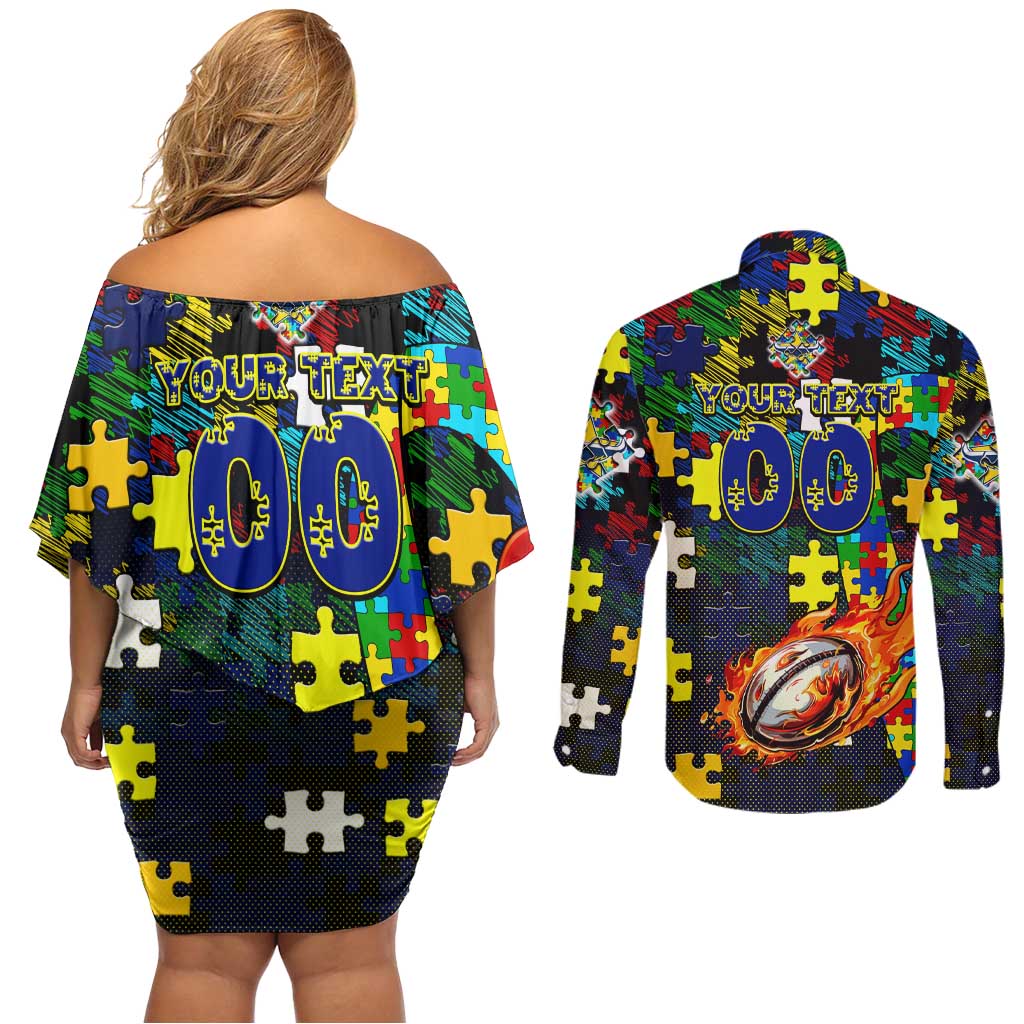 Cowboys Autism Awareness Couples Matching Off Shoulder Short Dress and Long Sleeve Button Shirt Puzzle Flames Rugby Ball