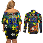 Cowboys Autism Awareness Couples Matching Off Shoulder Short Dress and Long Sleeve Button Shirt Puzzle Flames Rugby Ball