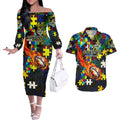 Cowboys Autism Awareness Couples Matching Off The Shoulder Long Sleeve Dress and Hawaiian Shirt Puzzle Flames Rugby Ball