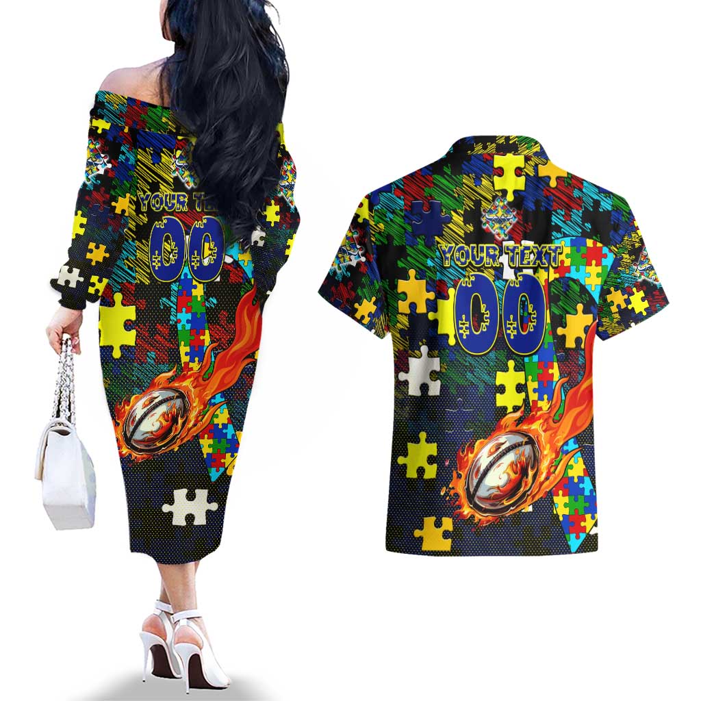 Cowboys Autism Awareness Couples Matching Off The Shoulder Long Sleeve Dress and Hawaiian Shirt Puzzle Flames Rugby Ball
