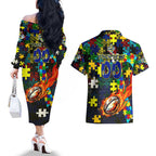 Cowboys Autism Awareness Couples Matching Off The Shoulder Long Sleeve Dress and Hawaiian Shirt Puzzle Flames Rugby Ball