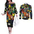 Cowboys Autism Awareness Couples Matching Off The Shoulder Long Sleeve Dress and Long Sleeve Button Shirt Puzzle Flames Rugby Ball