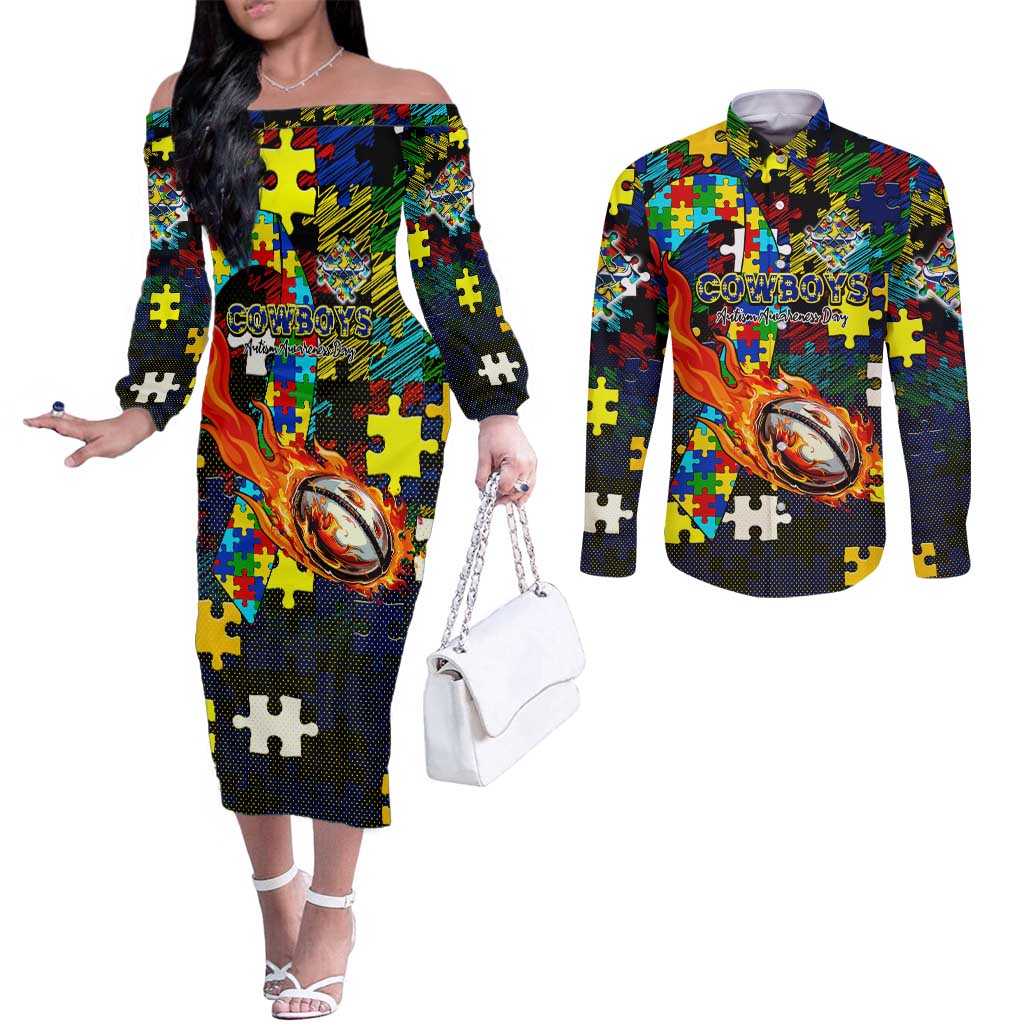 Cowboys Autism Awareness Couples Matching Off The Shoulder Long Sleeve Dress and Long Sleeve Button Shirt Puzzle Flames Rugby Ball