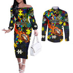 Cowboys Autism Awareness Couples Matching Off The Shoulder Long Sleeve Dress and Long Sleeve Button Shirt Puzzle Flames Rugby Ball