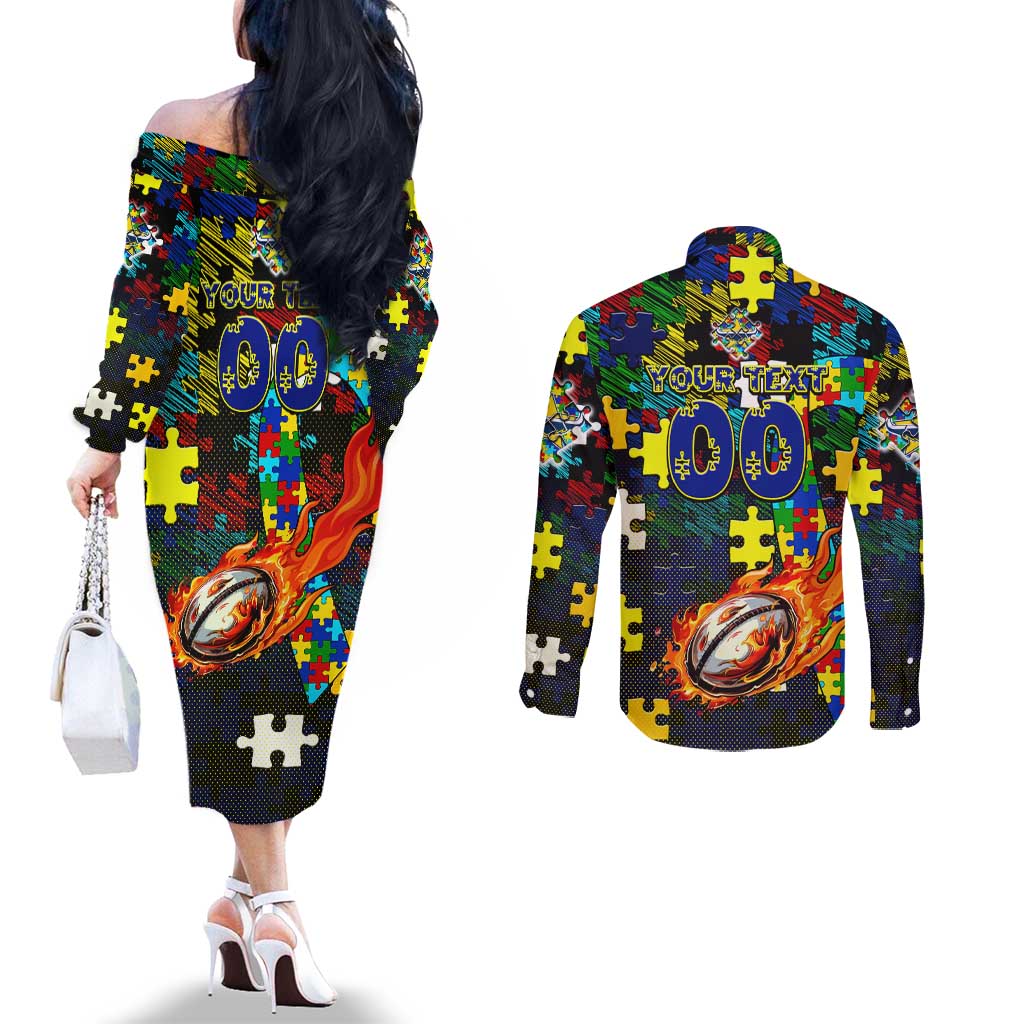 Cowboys Autism Awareness Couples Matching Off The Shoulder Long Sleeve Dress and Long Sleeve Button Shirt Puzzle Flames Rugby Ball