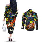 Cowboys Autism Awareness Couples Matching Off The Shoulder Long Sleeve Dress and Long Sleeve Button Shirt Puzzle Flames Rugby Ball