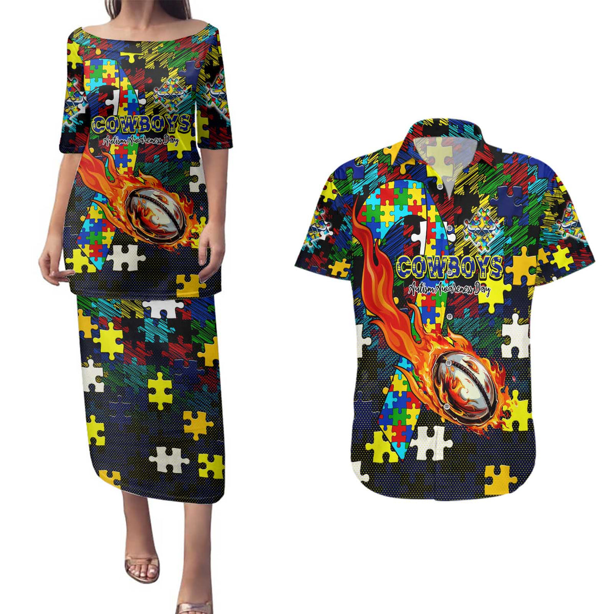 Cowboys Autism Awareness Couples Matching Puletasi and Hawaiian Shirt Puzzle Flames Rugby Ball