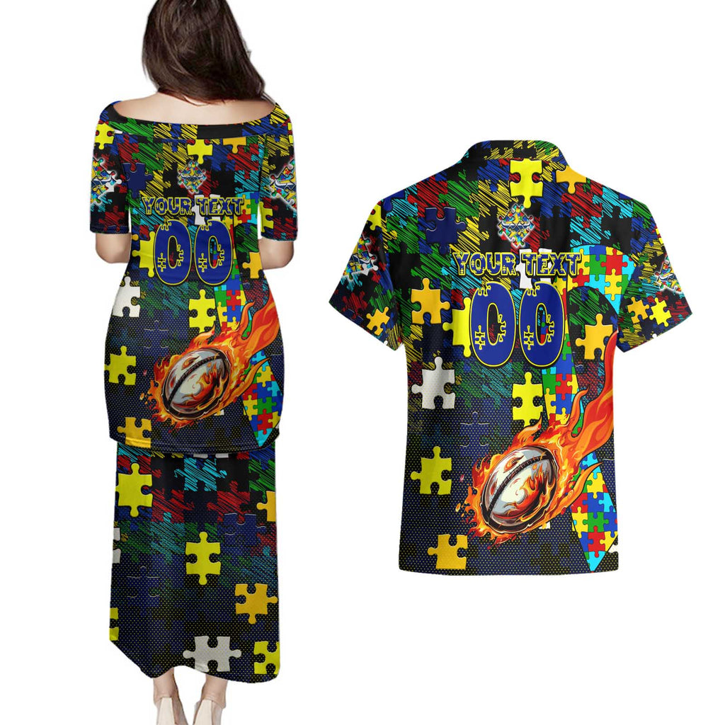Cowboys Autism Awareness Couples Matching Puletasi and Hawaiian Shirt Puzzle Flames Rugby Ball