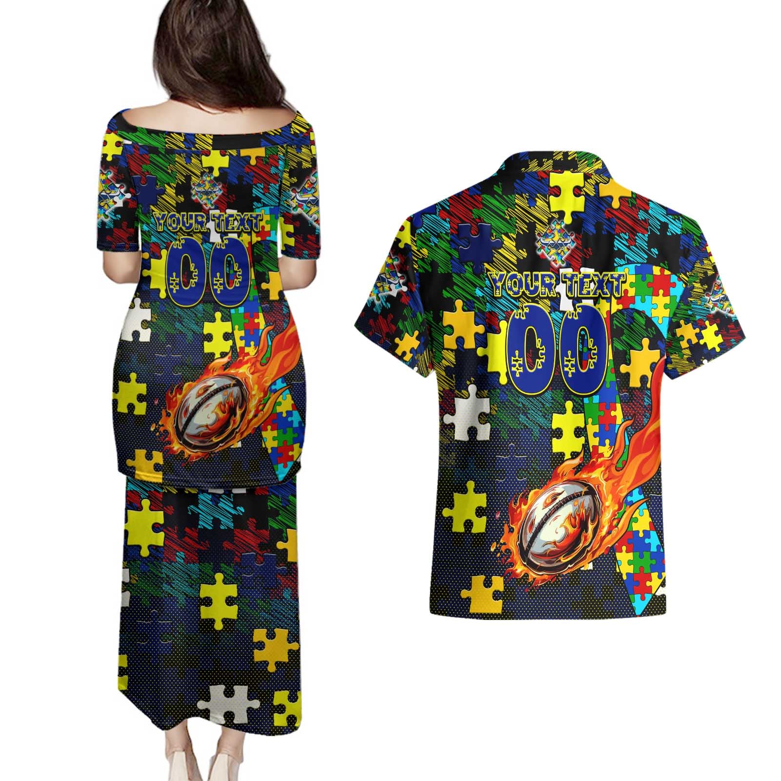 Cowboys Autism Awareness Couples Matching Puletasi and Hawaiian Shirt Puzzle Flames Rugby Ball