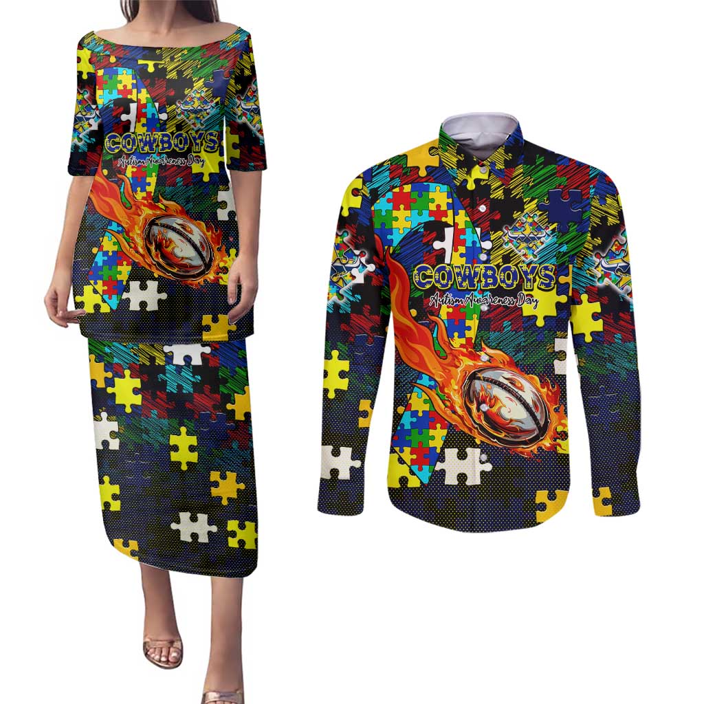 Cowboys Autism Awareness Couples Matching Puletasi and Long Sleeve Button Shirt Puzzle Flames Rugby Ball