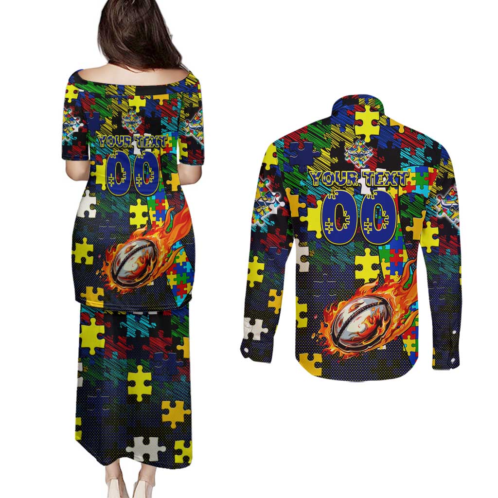 Cowboys Autism Awareness Couples Matching Puletasi and Long Sleeve Button Shirt Puzzle Flames Rugby Ball