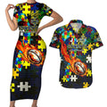 Cowboys Autism Awareness Couples Matching Short Sleeve Bodycon Dress and Hawaiian Shirt Puzzle Flames Rugby Ball