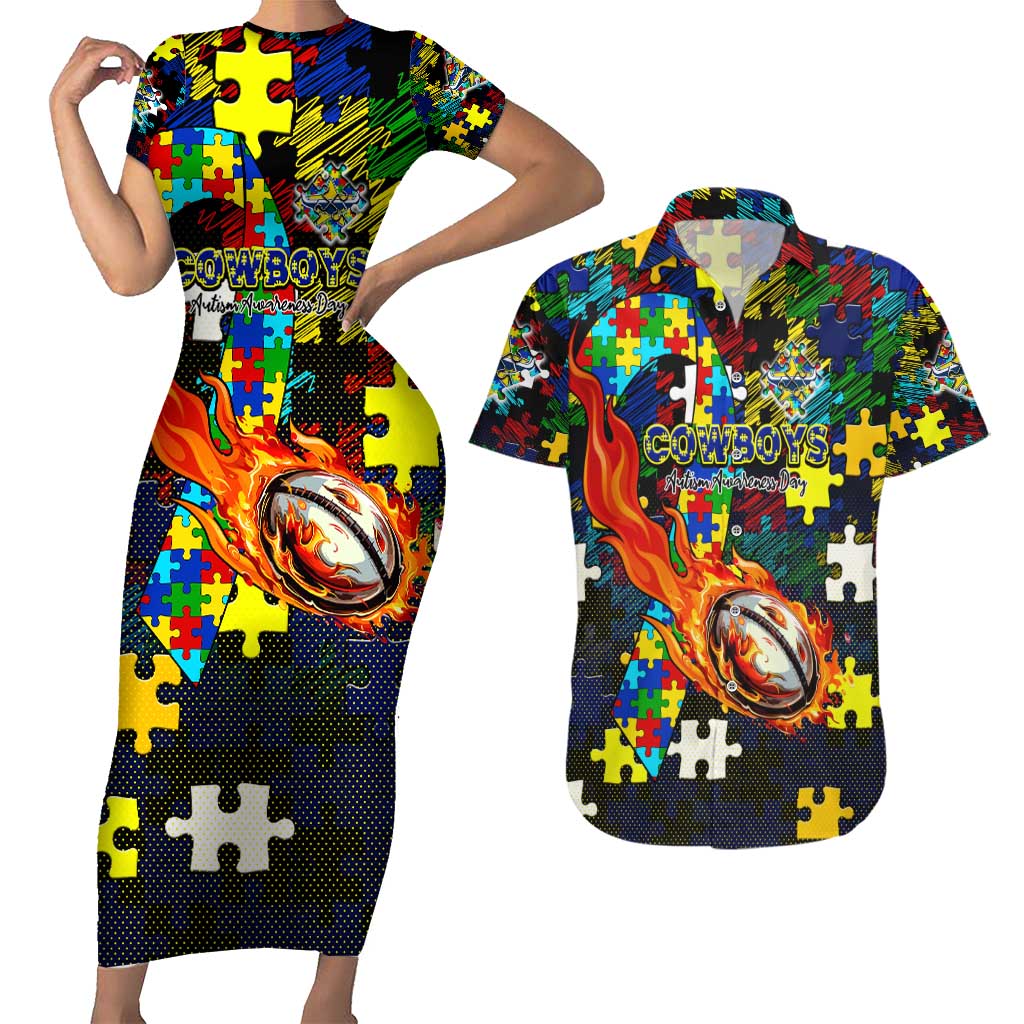 Cowboys Autism Awareness Couples Matching Short Sleeve Bodycon Dress and Hawaiian Shirt Puzzle Flames Rugby Ball