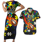 Cowboys Autism Awareness Couples Matching Short Sleeve Bodycon Dress and Hawaiian Shirt Puzzle Flames Rugby Ball