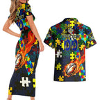 Cowboys Autism Awareness Couples Matching Short Sleeve Bodycon Dress and Hawaiian Shirt Puzzle Flames Rugby Ball