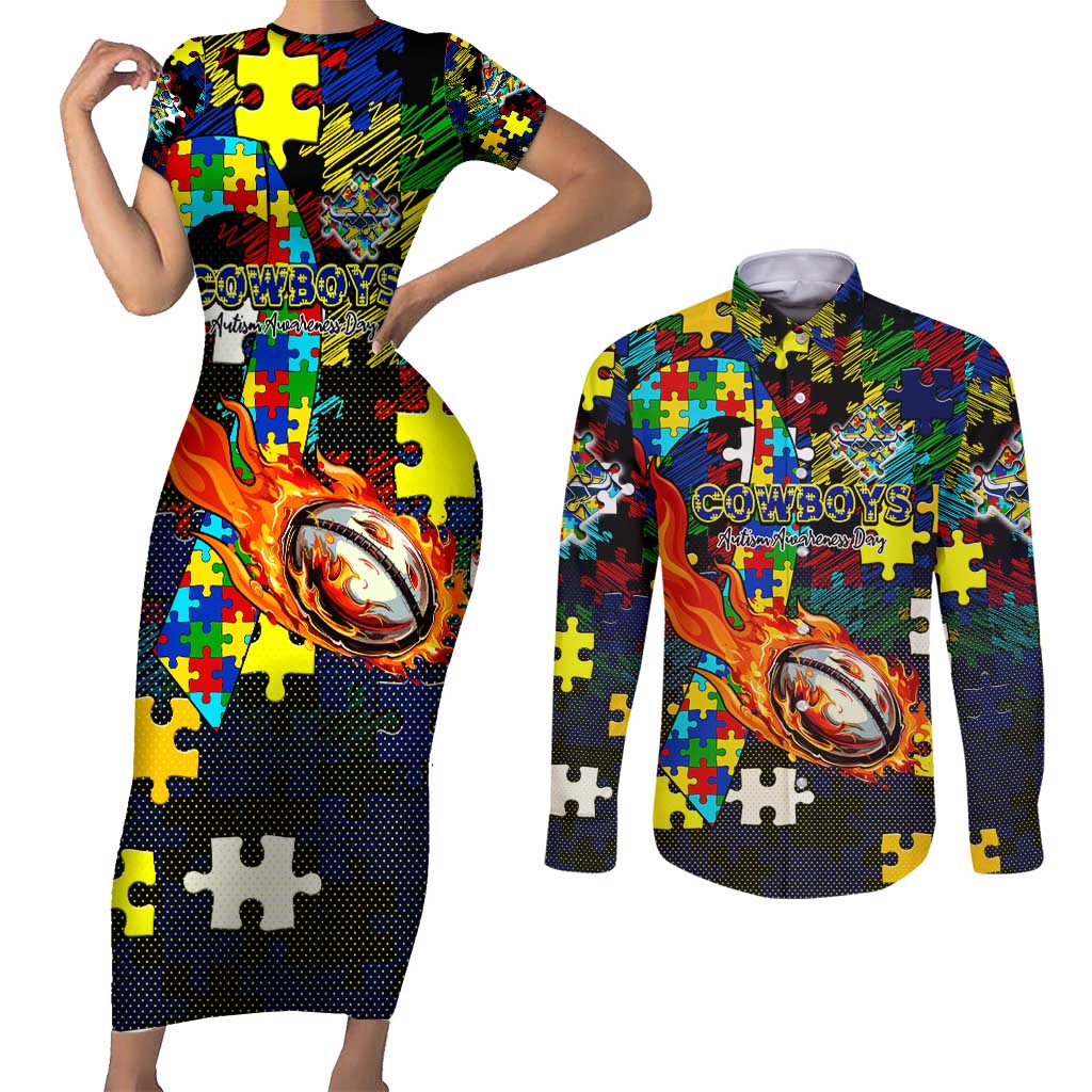 Cowboys Autism Awareness Couples Matching Short Sleeve Bodycon Dress and Long Sleeve Button Shirt Puzzle Flames Rugby Ball