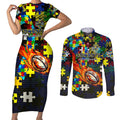 Cowboys Autism Awareness Couples Matching Short Sleeve Bodycon Dress and Long Sleeve Button Shirt Puzzle Flames Rugby Ball