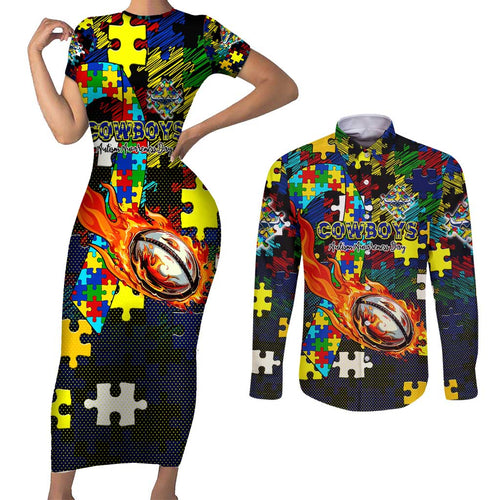 Cowboys Autism Awareness Couples Matching Short Sleeve Bodycon Dress and Long Sleeve Button Shirt Puzzle Flames Rugby Ball