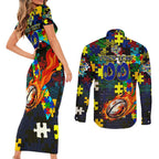 Cowboys Autism Awareness Couples Matching Short Sleeve Bodycon Dress and Long Sleeve Button Shirt Puzzle Flames Rugby Ball