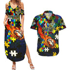 Cowboys Autism Awareness Couples Matching Summer Maxi Dress and Hawaiian Shirt Puzzle Flames Rugby Ball