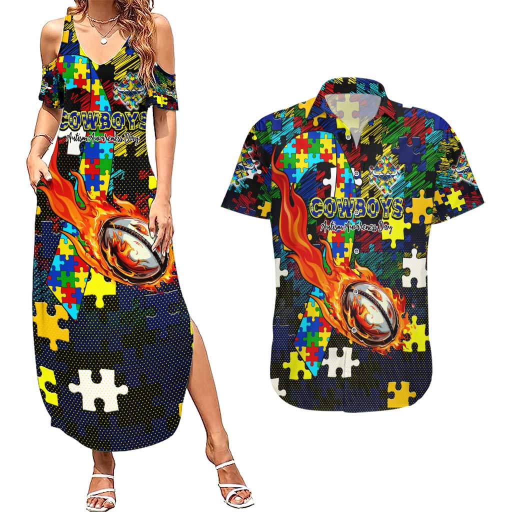 Cowboys Autism Awareness Couples Matching Summer Maxi Dress and Hawaiian Shirt Puzzle Flames Rugby Ball