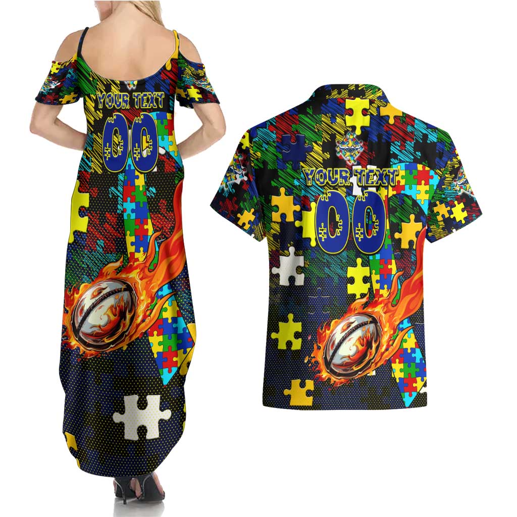 Cowboys Autism Awareness Couples Matching Summer Maxi Dress and Hawaiian Shirt Puzzle Flames Rugby Ball