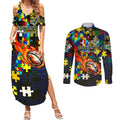 Cowboys Autism Awareness Couples Matching Summer Maxi Dress and Long Sleeve Button Shirt Puzzle Flames Rugby Ball