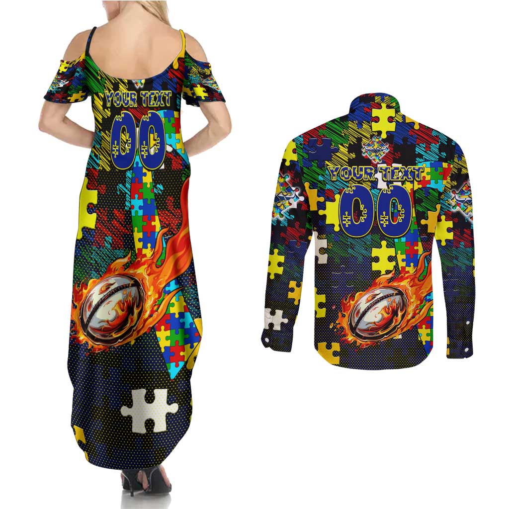 Cowboys Autism Awareness Couples Matching Summer Maxi Dress and Long Sleeve Button Shirt Puzzle Flames Rugby Ball