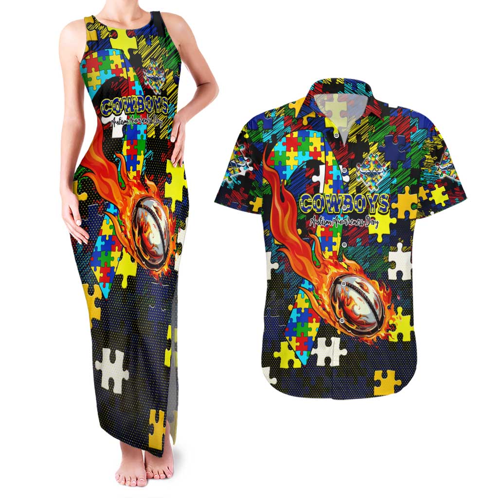 Cowboys Autism Awareness Couples Matching Tank Maxi Dress and Hawaiian Shirt Puzzle Flames Rugby Ball