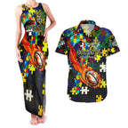 Cowboys Autism Awareness Couples Matching Tank Maxi Dress and Hawaiian Shirt Puzzle Flames Rugby Ball