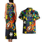 Cowboys Autism Awareness Couples Matching Tank Maxi Dress and Hawaiian Shirt Puzzle Flames Rugby Ball