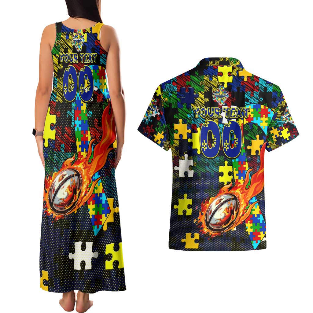 Cowboys Autism Awareness Couples Matching Tank Maxi Dress and Hawaiian Shirt Puzzle Flames Rugby Ball