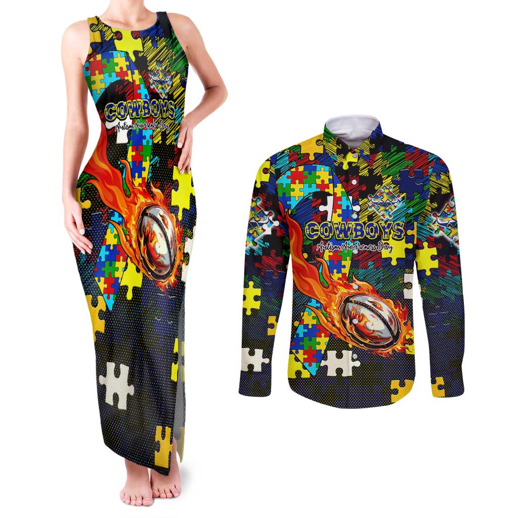 Cowboys Autism Awareness Couples Matching Tank Maxi Dress and Long Sleeve Button Shirt Puzzle Flames Rugby Ball
