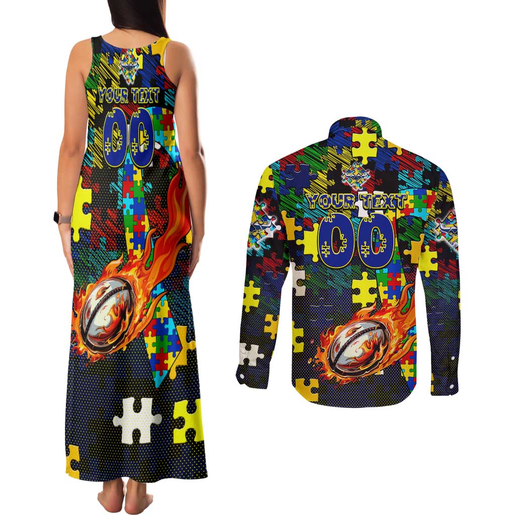 Cowboys Autism Awareness Couples Matching Tank Maxi Dress and Long Sleeve Button Shirt Puzzle Flames Rugby Ball