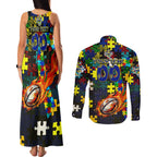 Cowboys Autism Awareness Couples Matching Tank Maxi Dress and Long Sleeve Button Shirt Puzzle Flames Rugby Ball