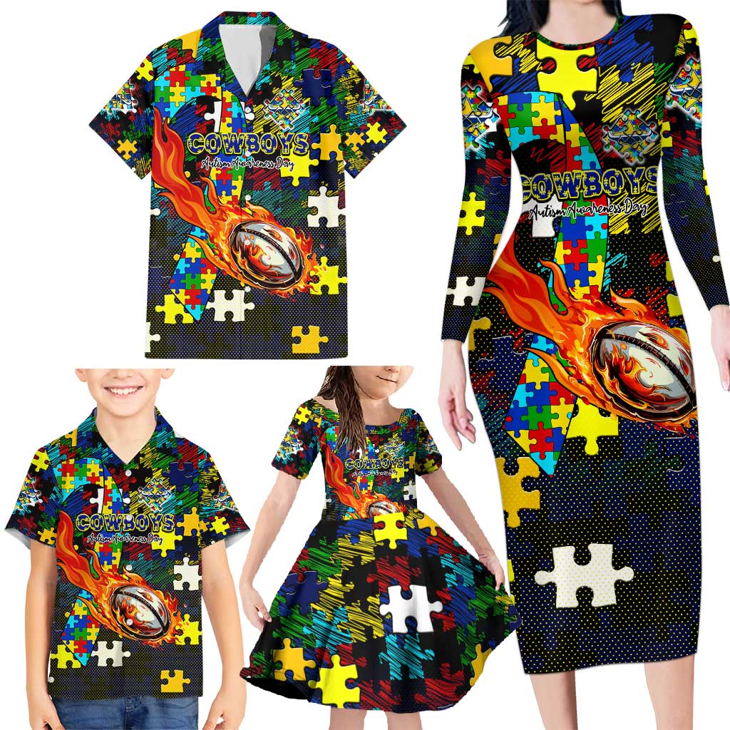 Cowboys Autism Awareness Family Matching Long Sleeve Bodycon Dress and Hawaiian Shirt Puzzle Flames Rugby Ball