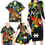 Cowboys Autism Awareness Family Matching Long Sleeve Bodycon Dress and Hawaiian Shirt Puzzle Flames Rugby Ball