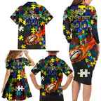 Cowboys Autism Awareness Family Matching Long Sleeve Bodycon Dress and Hawaiian Shirt Puzzle Flames Rugby Ball