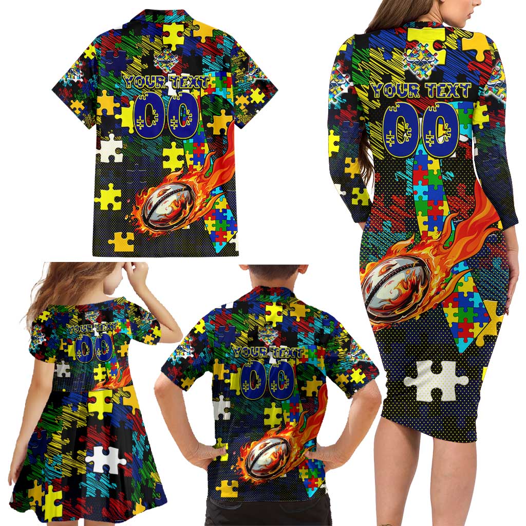 Cowboys Autism Awareness Family Matching Long Sleeve Bodycon Dress and Hawaiian Shirt Puzzle Flames Rugby Ball