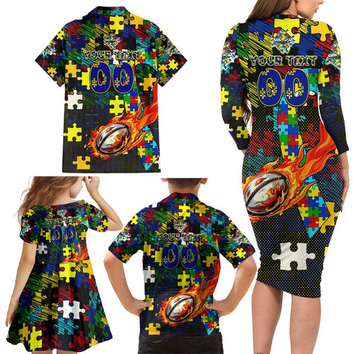 Cowboys Autism Awareness Family Matching Long Sleeve Bodycon Dress and Hawaiian Shirt Puzzle Flames Rugby Ball