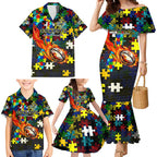 Cowboys Autism Awareness Family Matching Mermaid Dress and Hawaiian Shirt Puzzle Flames Rugby Ball