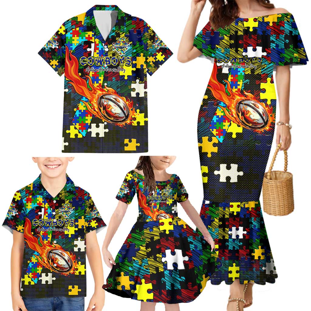 Cowboys Autism Awareness Family Matching Mermaid Dress and Hawaiian Shirt Puzzle Flames Rugby Ball