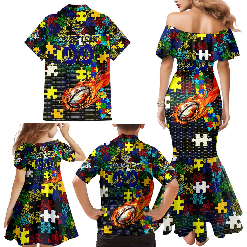 Cowboys Autism Awareness Family Matching Mermaid Dress and Hawaiian Shirt Puzzle Flames Rugby Ball