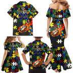 Cowboys Autism Awareness Family Matching Mermaid Dress and Hawaiian Shirt Puzzle Flames Rugby Ball