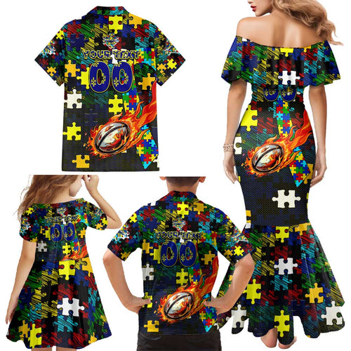 Cowboys Autism Awareness Family Matching Mermaid Dress and Hawaiian Shirt Puzzle Flames Rugby Ball