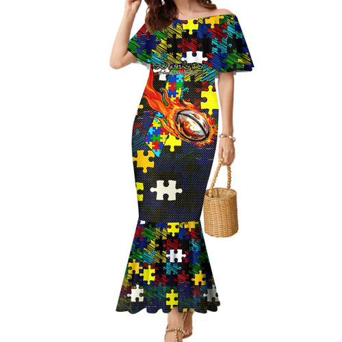 Cowboys Autism Awareness Family Matching Mermaid Dress and Hawaiian Shirt Puzzle Flames Rugby Ball